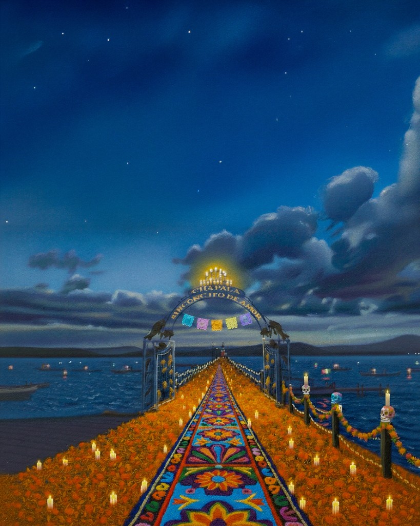 Concept art — the Chapala pier dressed for Día de Muertos, marigolds and candles