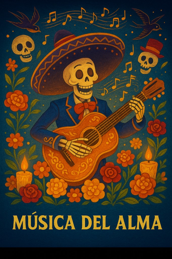 Poster concept — Música del Alma, a mariachi skeleton playing guitar