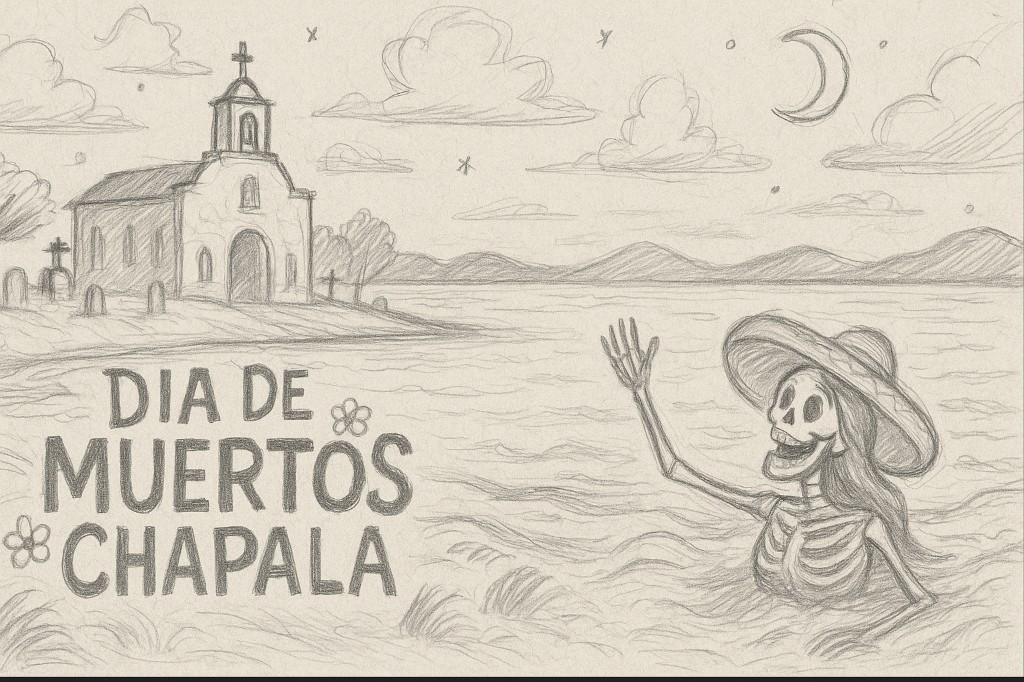 Concept sketch — a catrina rising from Lake Chapala beside the church