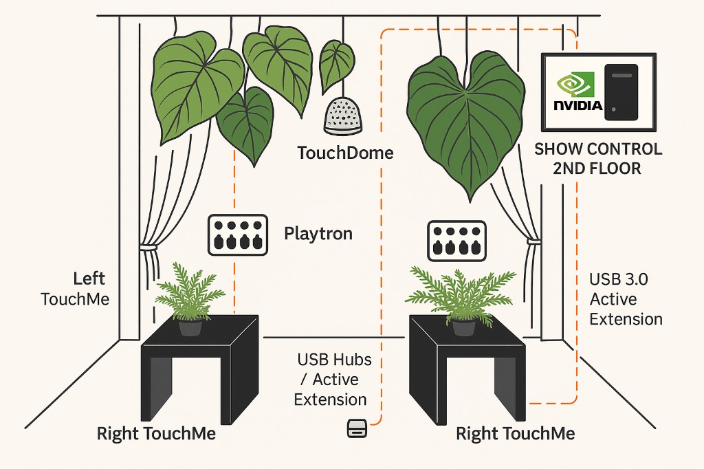 Biointerface installation layout — touch tables, plants and show control