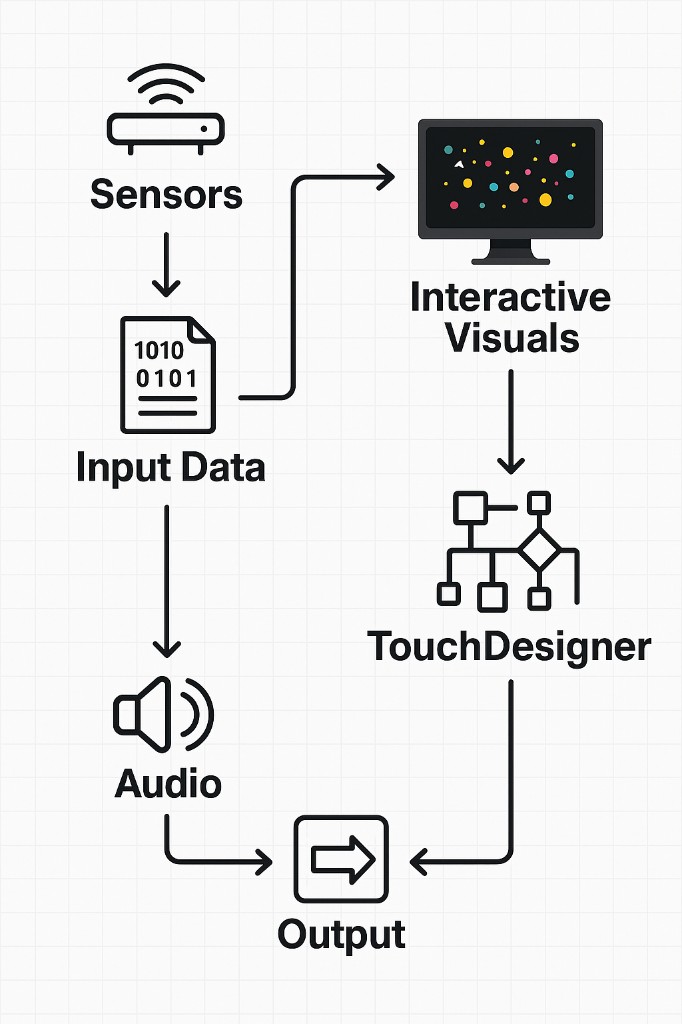 Biointerface signal flow — sensors to interactive visuals and output