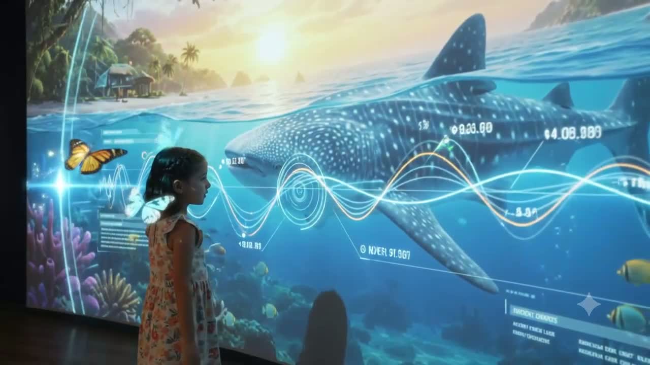 Concept visualization — ANDATA LAB: a child discovers Caribbean species on a living data wall