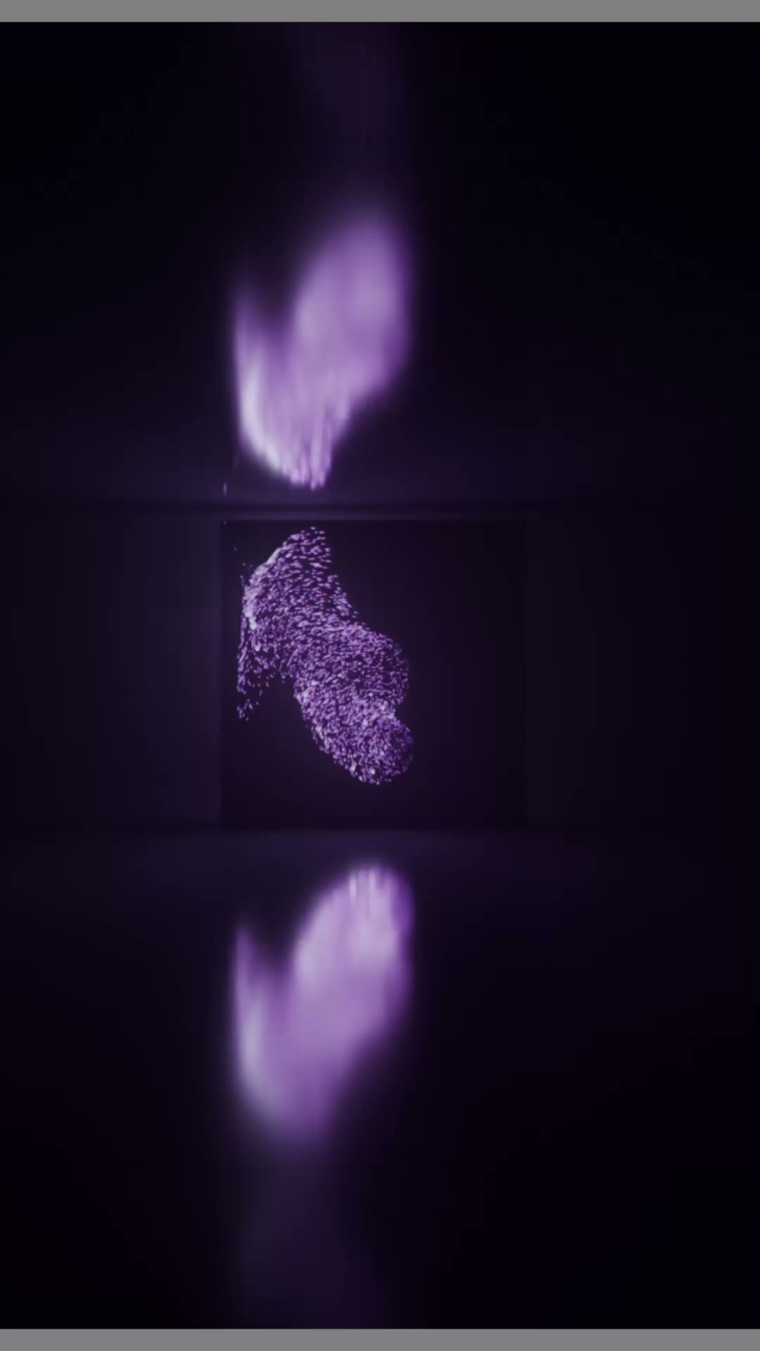 Particle plume installed as a square screen in a dark gallery, with floor reflection